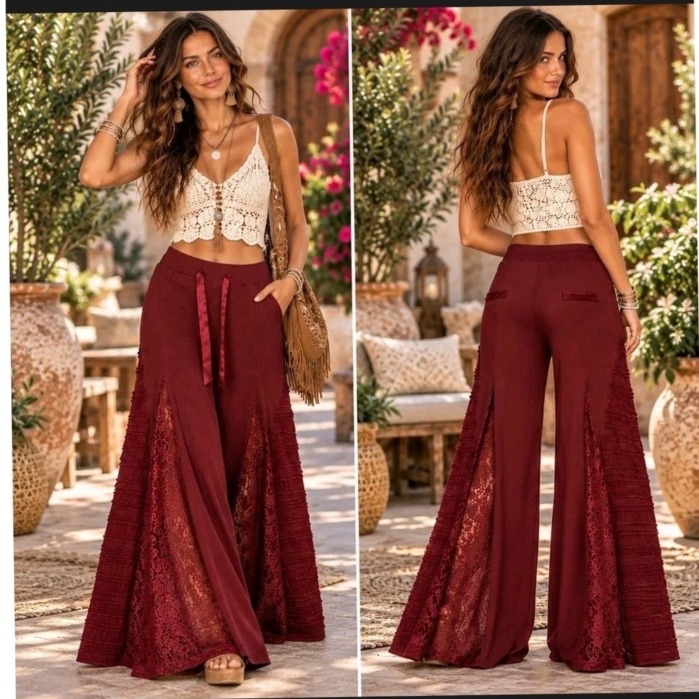 POL Sweet Charm Wine Wide Leg Thermal Lace Detailed Pants Large